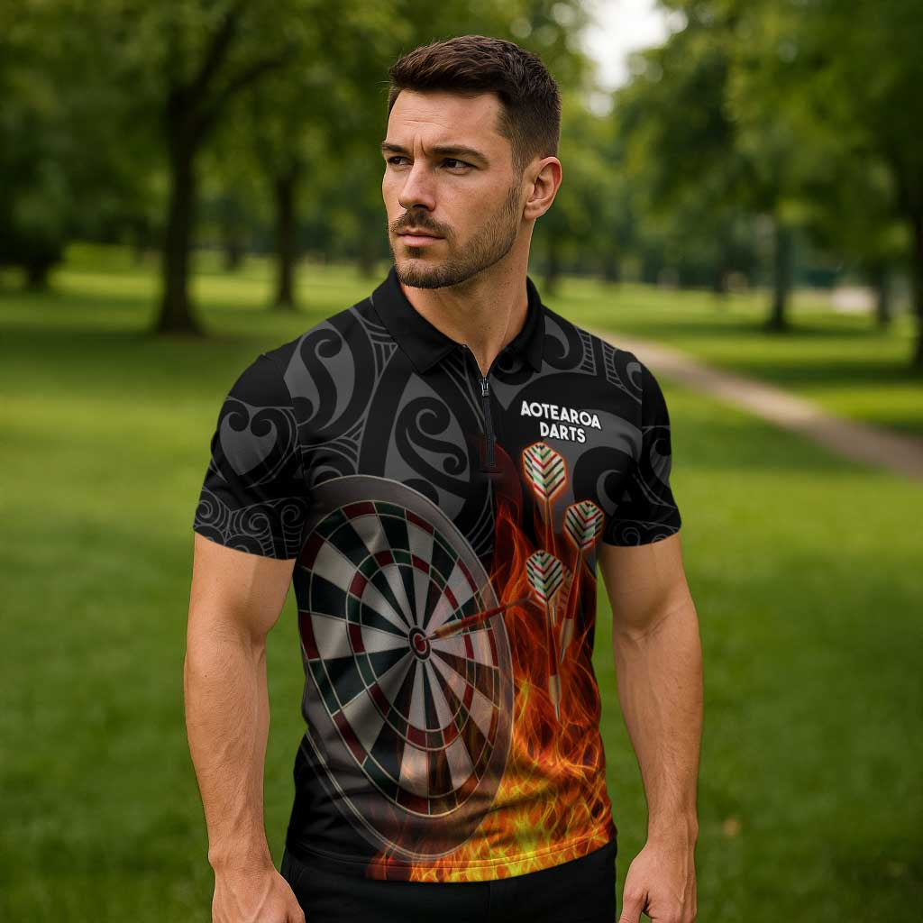 Personalised Aotearoa Darts Zipper Polo Shirt Maori Koru Flaming Dartboard - Aussie Hoodie