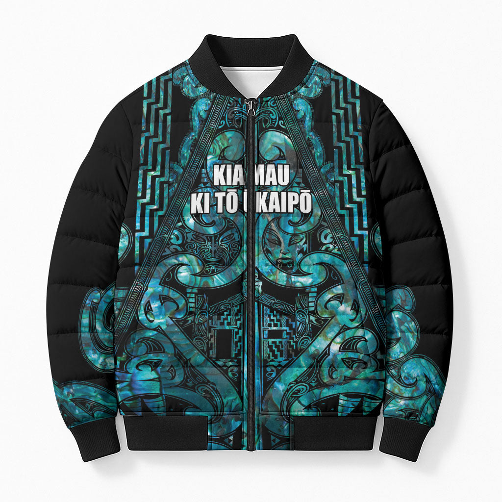 Maori Language Week Personalised Bomber Puffer Jacket Kia Mau Ki To Ukaipo Paua Shell Color