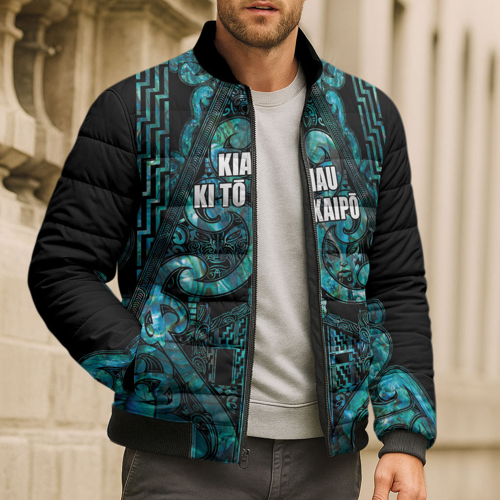 Maori Language Week Personalised Bomber Puffer Jacket Kia Mau Ki To Ukaipo Paua Shell Color