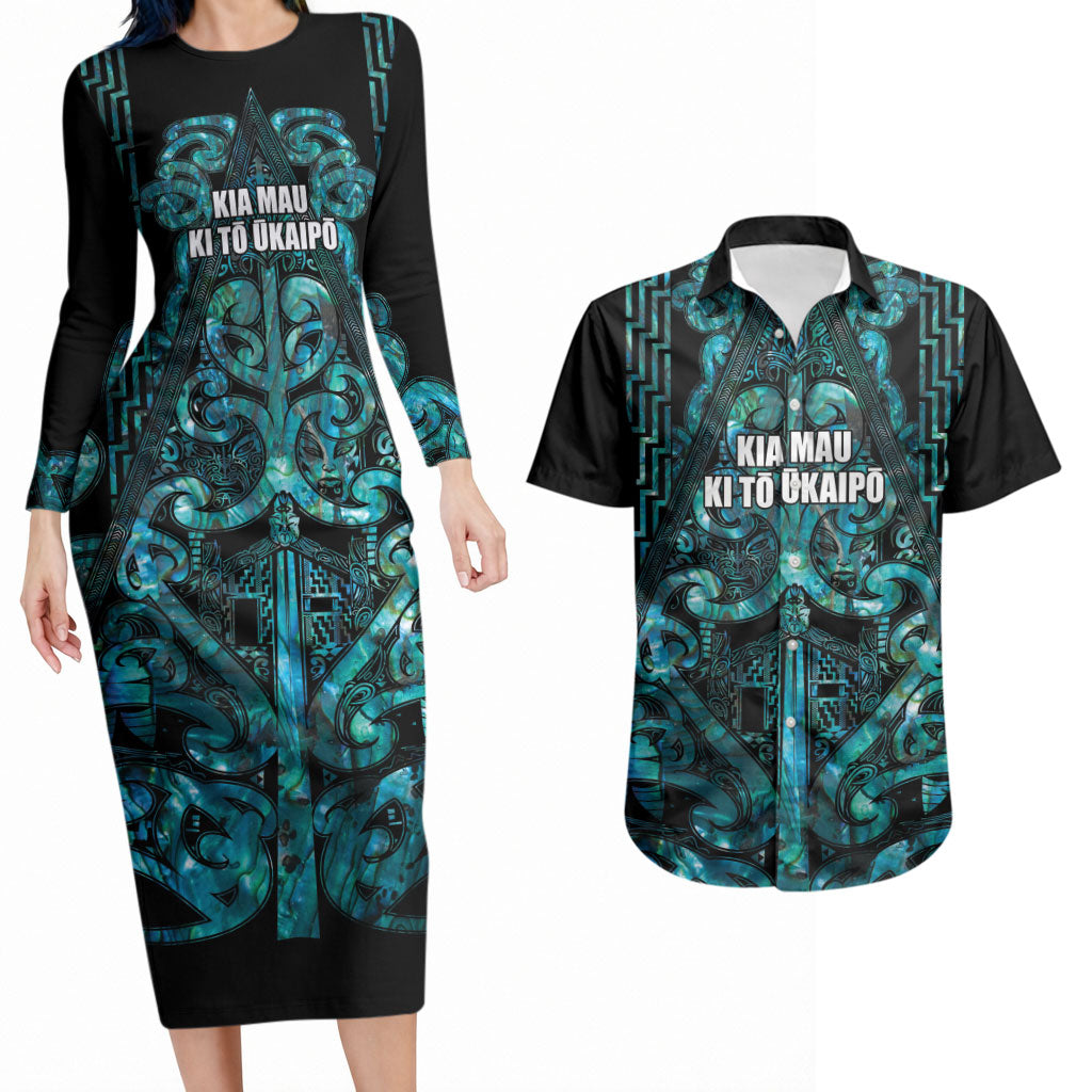 Maori Language Week Personalised Couples Matching Long Sleeve Bodycon Dress and Hawaiian Shirt Kia Mau Ki To Ukaipo Paua Shell Color