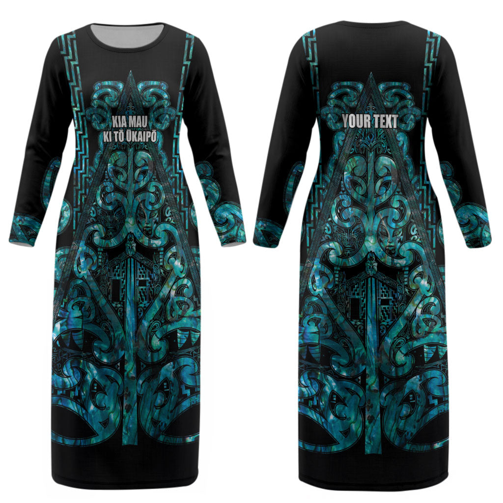 Maori Language Week Personalised Couples Matching Long Sleeve Bodycon Dress and Hawaiian Shirt Kia Mau Ki To Ukaipo Paua Shell Color
