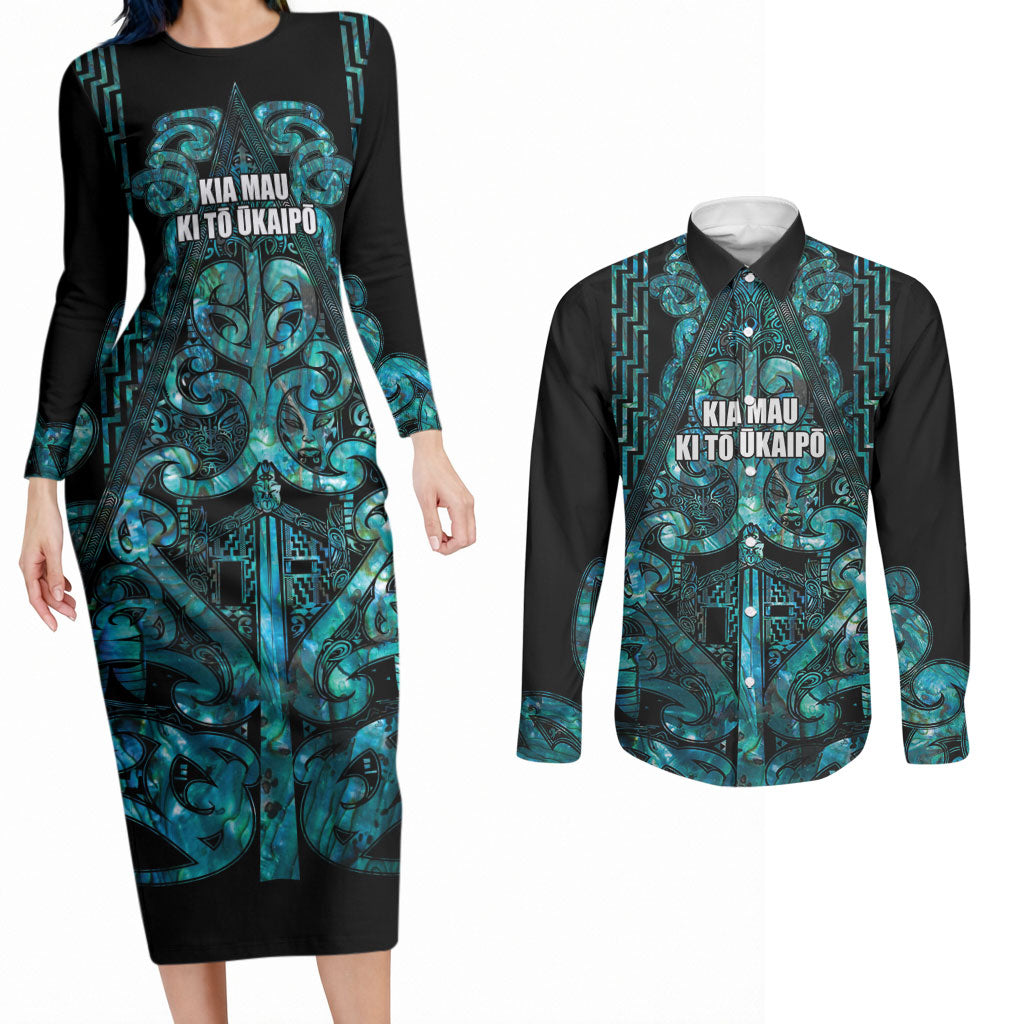 Maori Language Week Personalised Couples Matching Long Sleeve Bodycon Dress and Long Sleeve Button Shirt Kia Mau Ki To Ukaipo Paua Shell Color