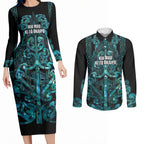 Maori Language Week Personalised Couples Matching Long Sleeve Bodycon Dress and Long Sleeve Button Shirt Kia Mau Ki To Ukaipo Paua Shell Color