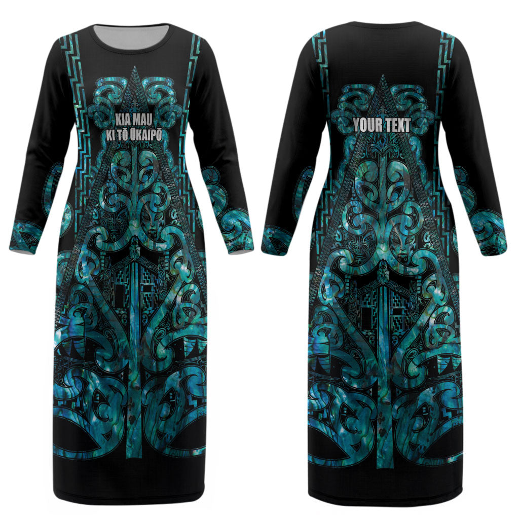 Maori Language Week Personalised Couples Matching Long Sleeve Bodycon Dress and Long Sleeve Button Shirt Kia Mau Ki To Ukaipo Paua Shell Color