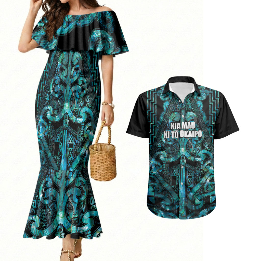 Maori Language Week Personalised Couples Matching Mermaid Dress and Hawaiian Shirt Kia Mau Ki To Ukaipo Paua Shell Color