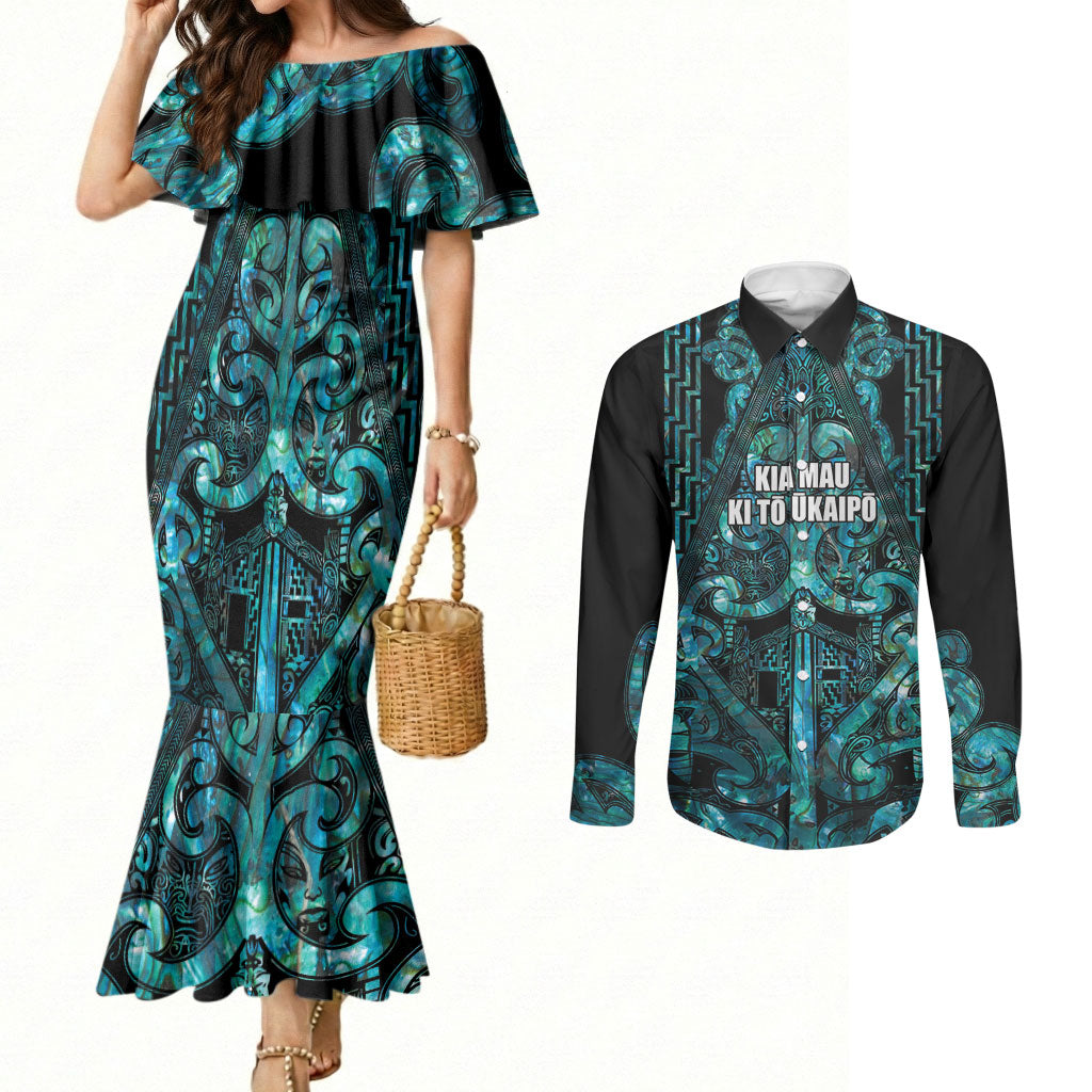 Maori Language Week Personalised Couples Matching Mermaid Dress and Long Sleeve Button Shirt Kia Mau Ki To Ukaipo Paua Shell Color