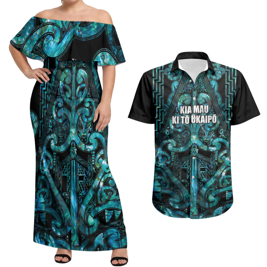 Maori Language Week Personalised Couples Matching Off Shoulder Maxi Dress and Hawaiian Shirt Kia Mau Ki To Ukaipo Paua Shell Color