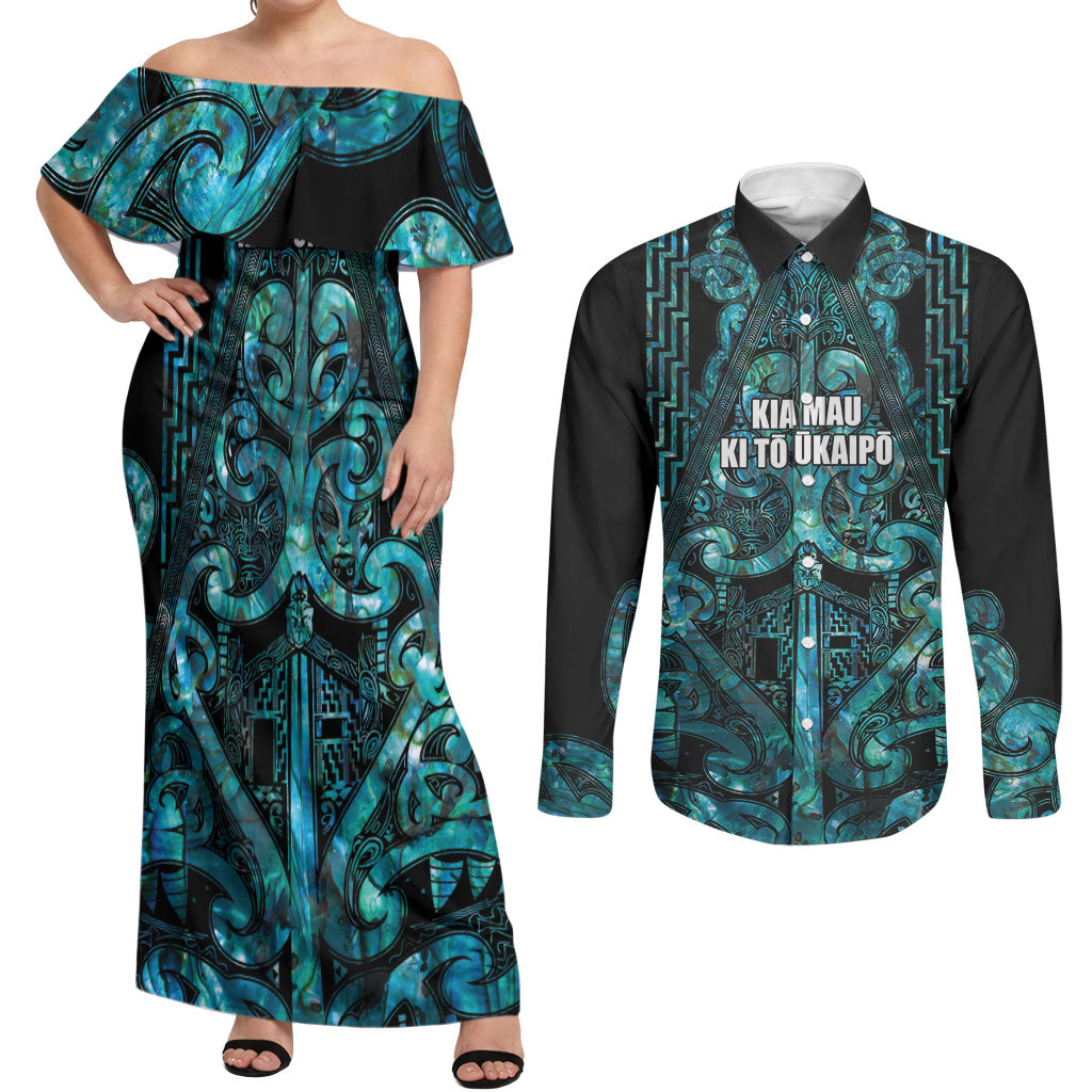 Maori Language Week Personalised Couples Matching Off Shoulder Maxi Dress and Long Sleeve Button Shirt Kia Mau Ki To Ukaipo Paua Shell Color