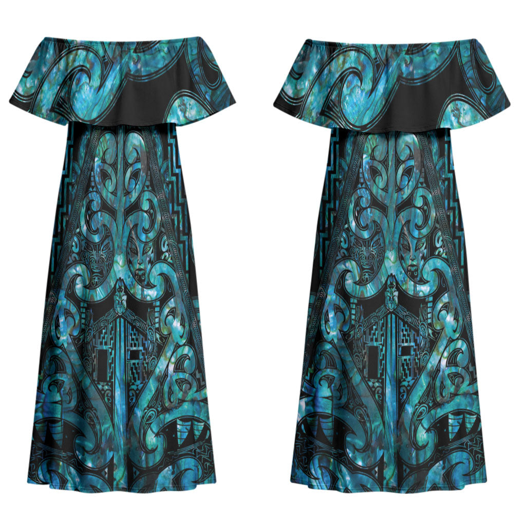 Maori Language Week Personalised Couples Matching Off Shoulder Maxi Dress and Long Sleeve Button Shirt Kia Mau Ki To Ukaipo Paua Shell Color