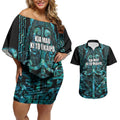 Maori Language Week Personalised Couples Matching Off Shoulder Short Dress and Hawaiian Shirt Kia Mau Ki To Ukaipo Paua Shell Color