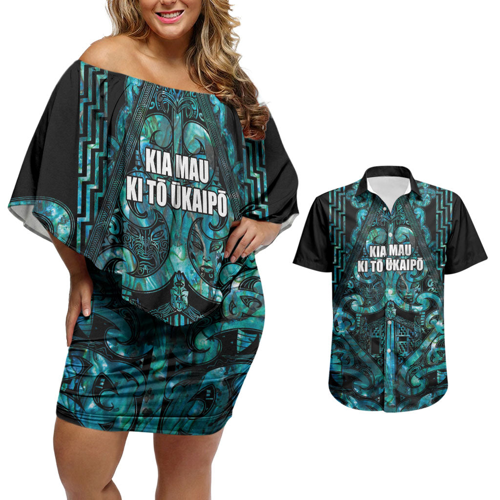 Maori Language Week Personalised Couples Matching Off Shoulder Short Dress and Hawaiian Shirt Kia Mau Ki To Ukaipo Paua Shell Color