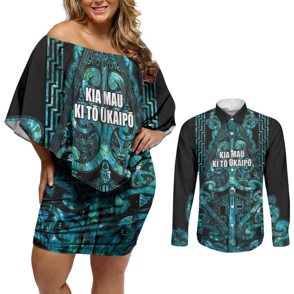 Maori Language Week Personalised Couples Matching Off Shoulder Short Dress and Long Sleeve Button Shirt Kia Mau Ki To Ukaipo Paua Shell Color