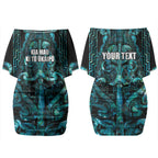 Maori Language Week Personalised Couples Matching Off Shoulder Short Dress and Long Sleeve Button Shirt Kia Mau Ki To Ukaipo Paua Shell Color