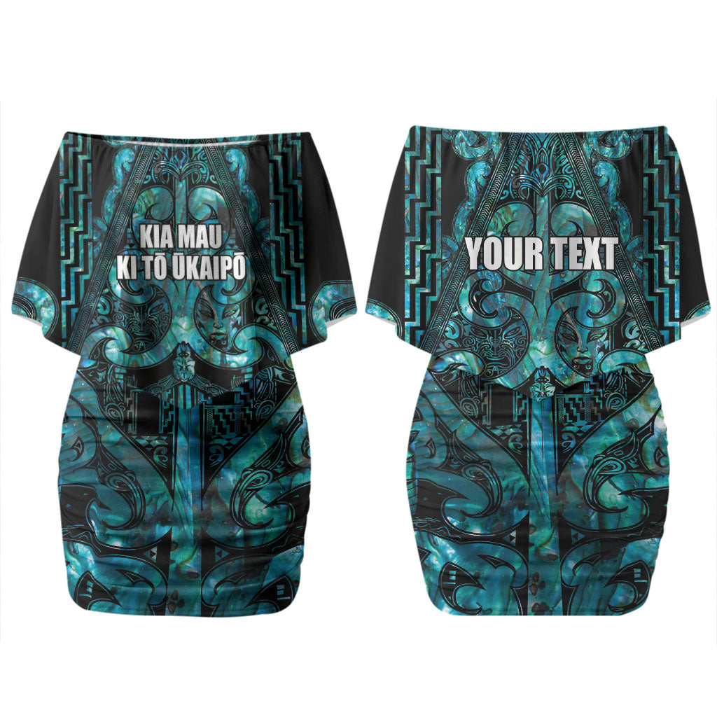 Maori Language Week Personalised Couples Matching Off Shoulder Short Dress and Long Sleeve Button Shirt Kia Mau Ki To Ukaipo Paua Shell Color