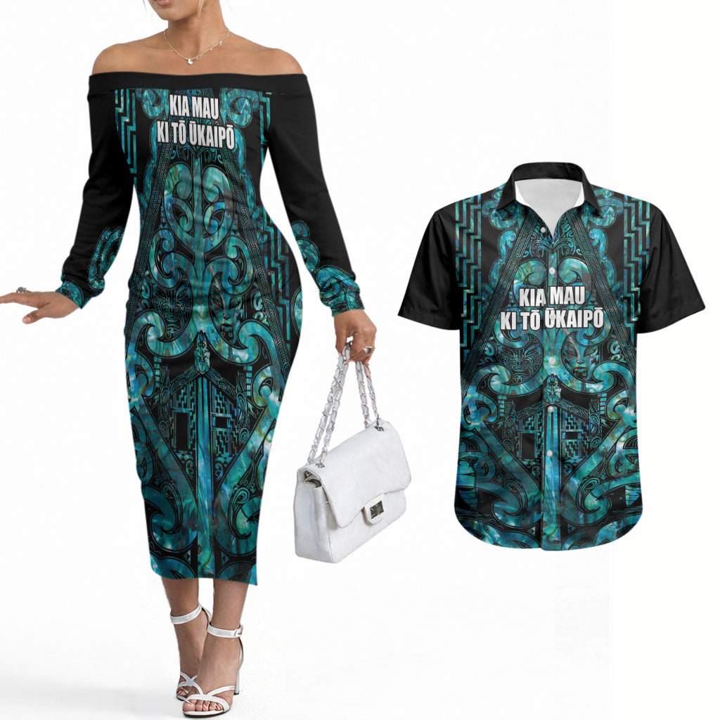 Maori Language Week Personalised Couples Matching Off The Shoulder Long Sleeve Dress and Hawaiian Shirt Kia Mau Ki To Ukaipo Paua Shell Color