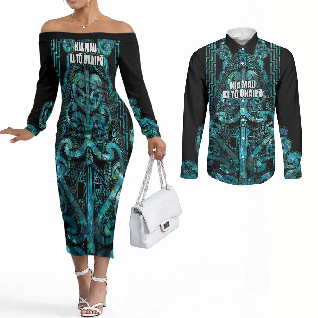 Maori Language Week Personalised Couples Matching Off The Shoulder Long Sleeve Dress and Long Sleeve Button Shirt Kia Mau Ki To Ukaipo Paua Shell Color