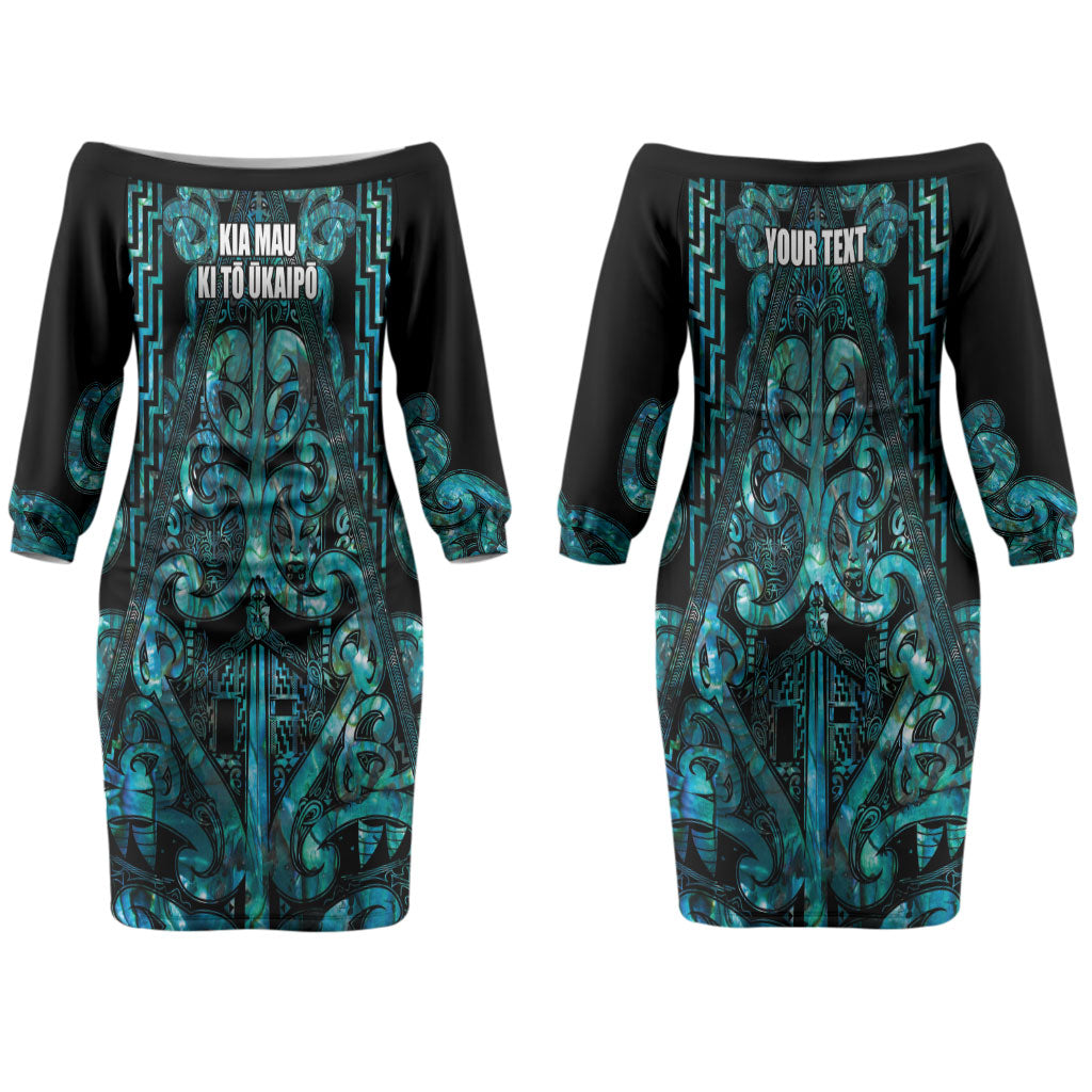 Maori Language Week Personalised Couples Matching Off The Shoulder Long Sleeve Dress and Long Sleeve Button Shirt Kia Mau Ki To Ukaipo Paua Shell Color