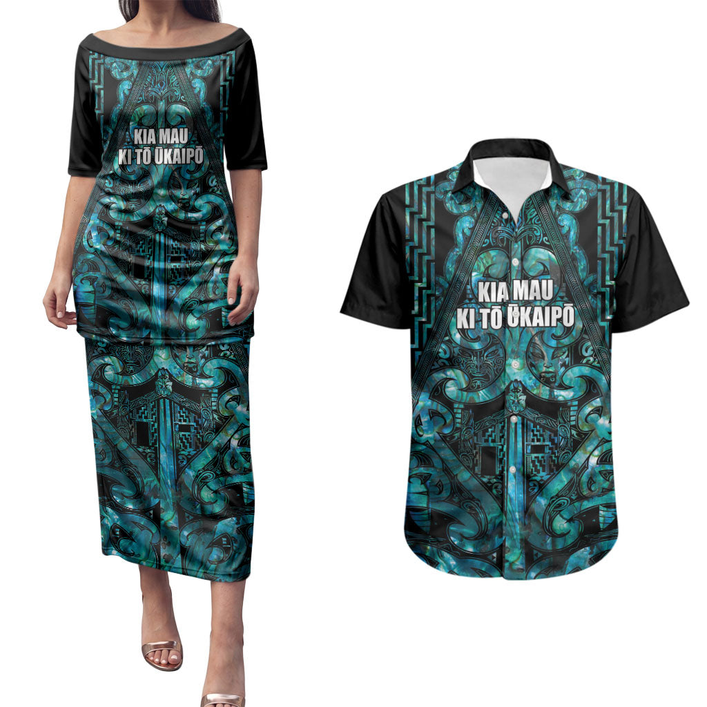 Maori Language Week Personalised Couples Matching Puletasi and Hawaiian Shirt Kia Mau Ki To Ukaipo Paua Shell Color