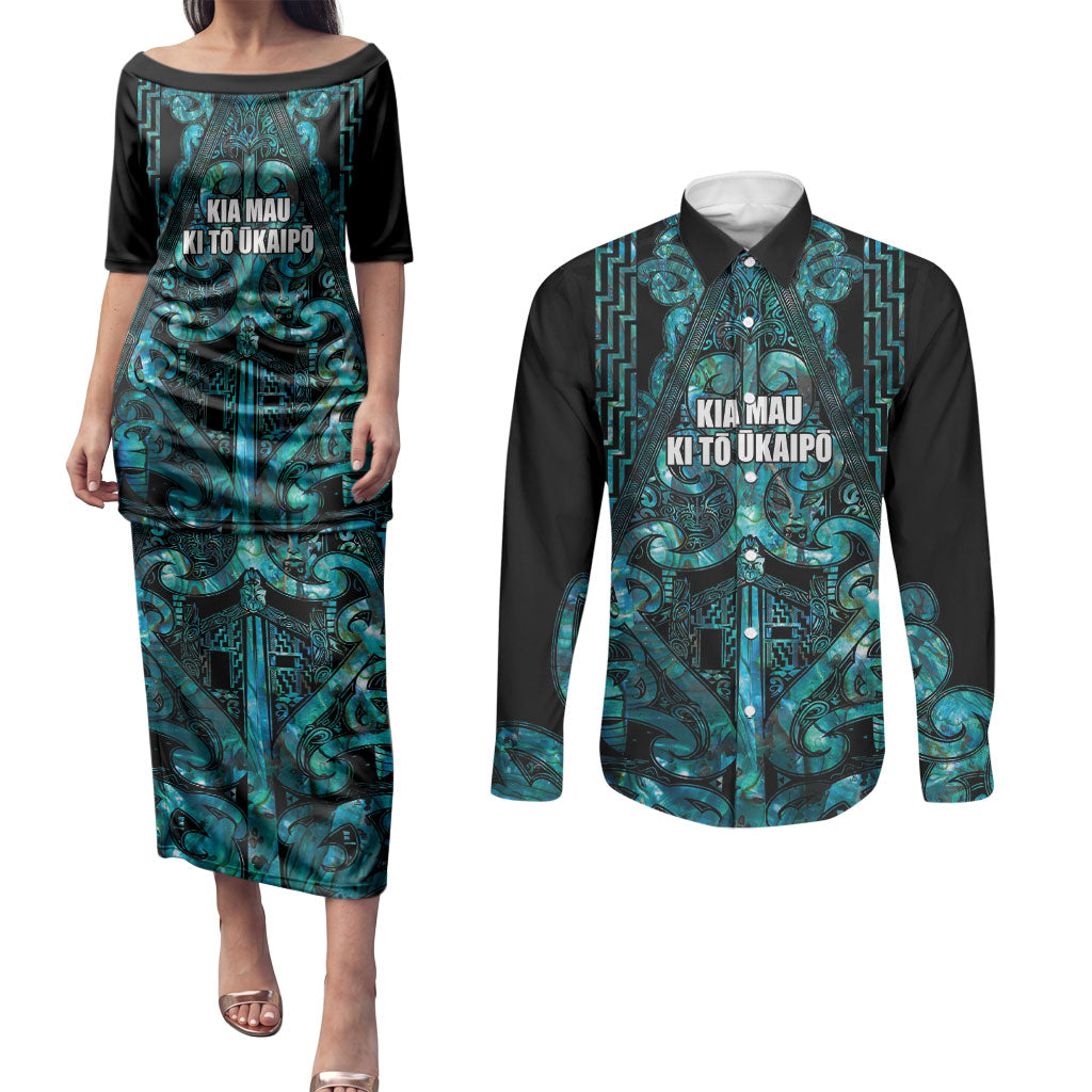 Maori Language Week Personalised Couples Matching Puletasi and Long Sleeve Button Shirt Kia Mau Ki To Ukaipo Paua Shell Color