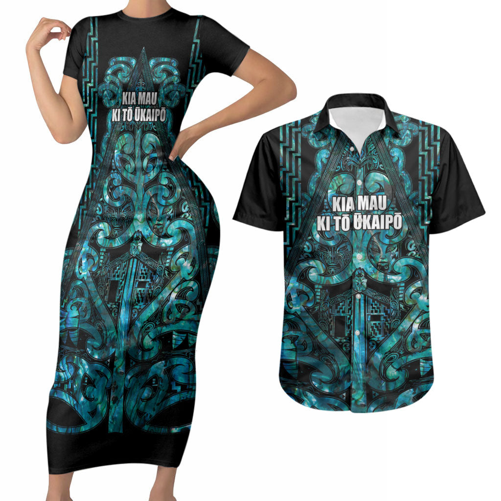 Maori Language Week Personalised Couples Matching Short Sleeve Bodycon Dress and Hawaiian Shirt Kia Mau Ki To Ukaipo Paua Shell Color