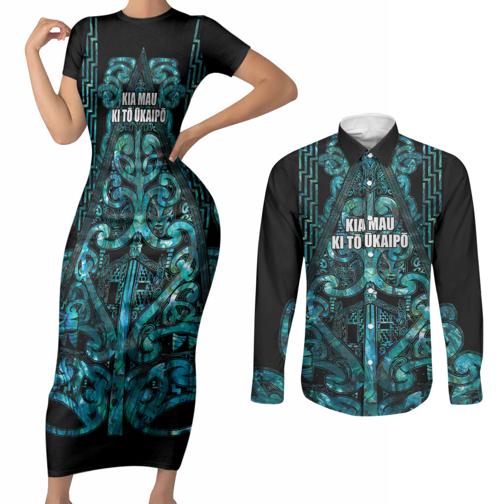 Maori Language Week Personalised Couples Matching Short Sleeve Bodycon Dress and Long Sleeve Button Shirt Kia Mau Ki To Ukaipo Paua Shell Color