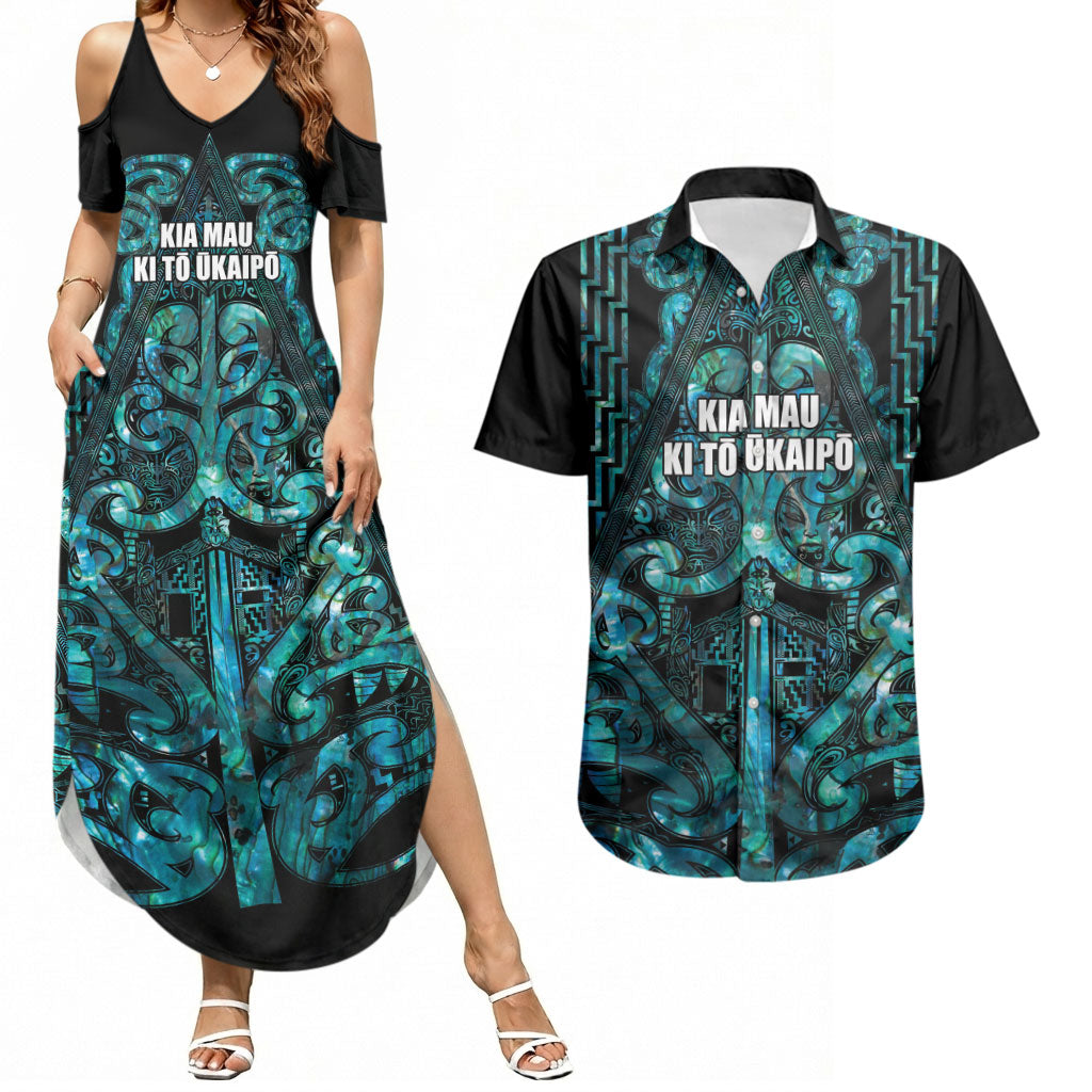 Maori Language Week Personalised Couples Matching Summer Maxi Dress and Hawaiian Shirt Kia Mau Ki To Ukaipo Paua Shell Color