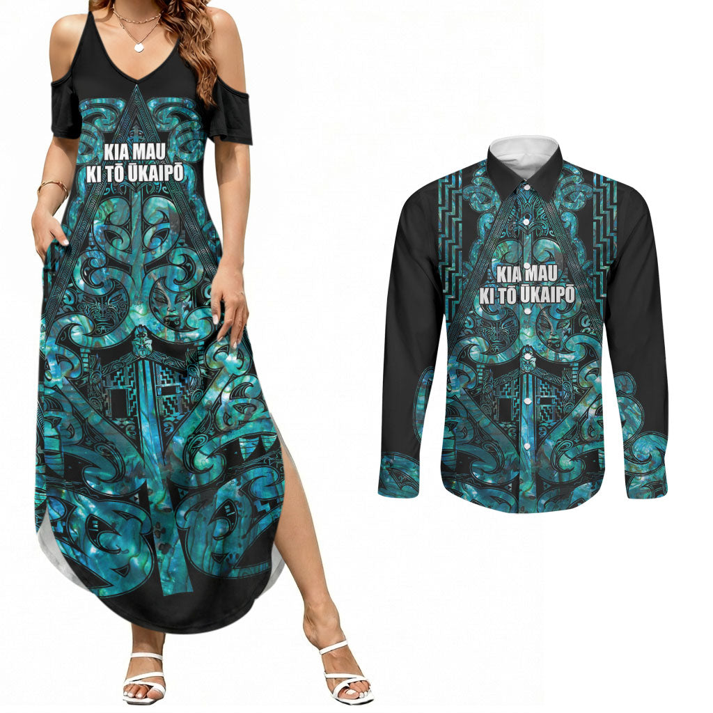 Maori Language Week Personalised Couples Matching Summer Maxi Dress and Long Sleeve Button Shirt Kia Mau Ki To Ukaipo Paua Shell Color