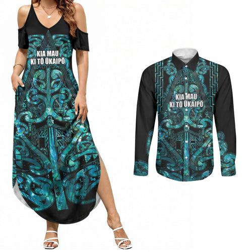 Maori Language Week Personalised Couples Matching Summer Maxi Dress and Long Sleeve Button Shirt Kia Mau Ki To Ukaipo Paua Shell Color