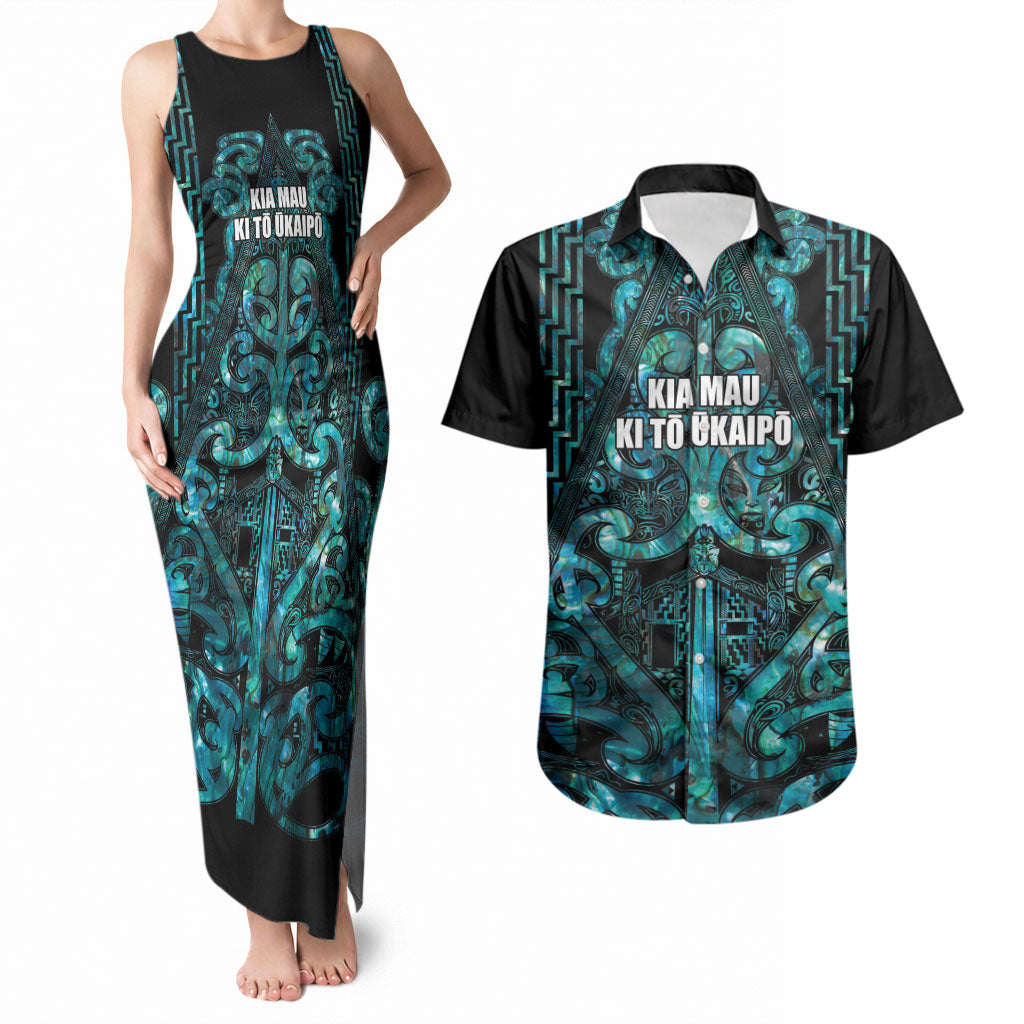 Maori Language Week Personalised Couples Matching Tank Maxi Dress and Hawaiian Shirt Kia Mau Ki To Ukaipo Paua Shell Color