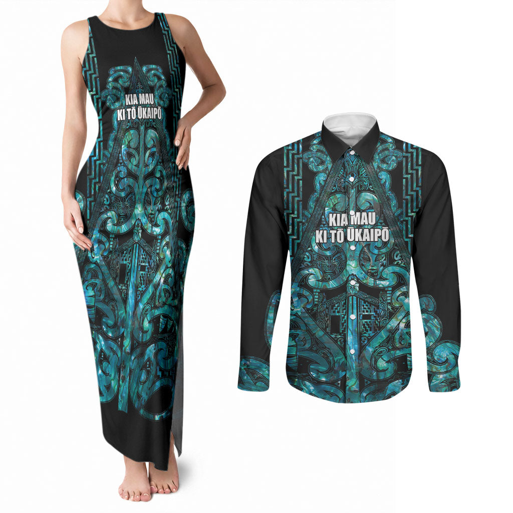 Maori Language Week Personalised Couples Matching Tank Maxi Dress and Long Sleeve Button Shirt Kia Mau Ki To Ukaipo Paua Shell Color