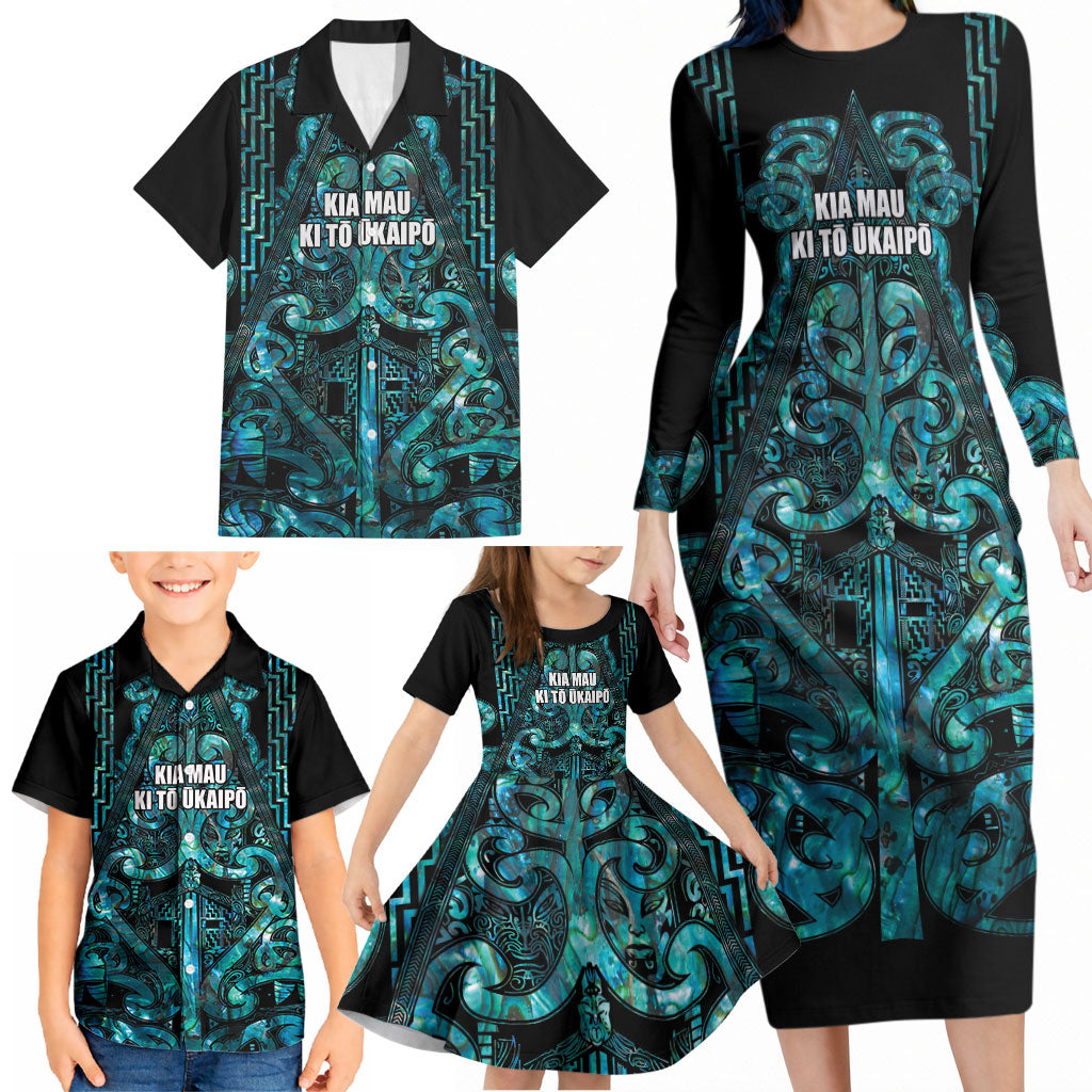 Maori Language Week Personalised Family Matching Long Sleeve Bodycon Dress and Hawaiian Shirt Kia Mau Ki To Ukaipo Paua Shell Color