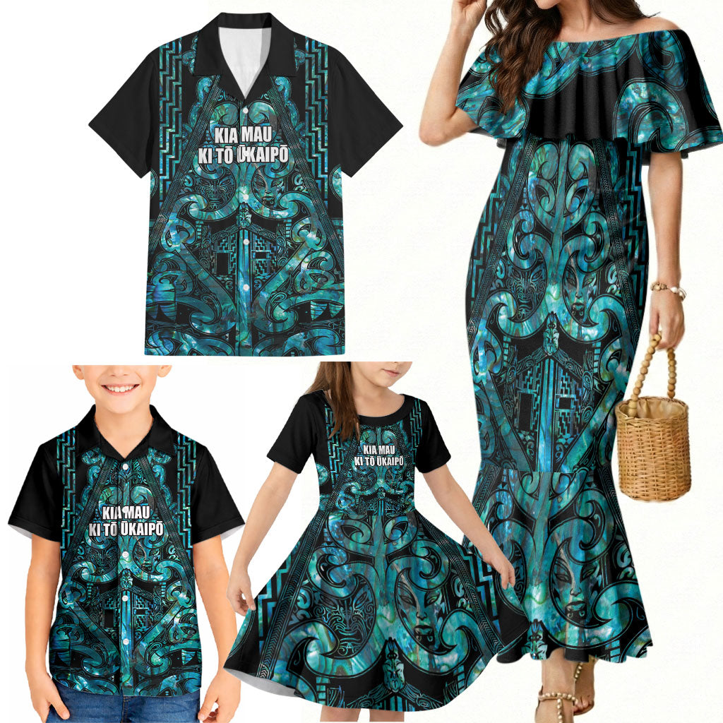Maori Language Week Personalised Family Matching Mermaid Dress and Hawaiian Shirt Kia Mau Ki To Ukaipo Paua Shell Color