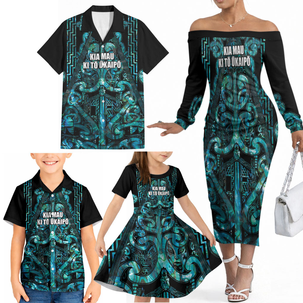 Maori Language Week Personalised Family Matching Off The Shoulder Long Sleeve Dress and Hawaiian Shirt Kia Mau Ki To Ukaipo Paua Shell Color