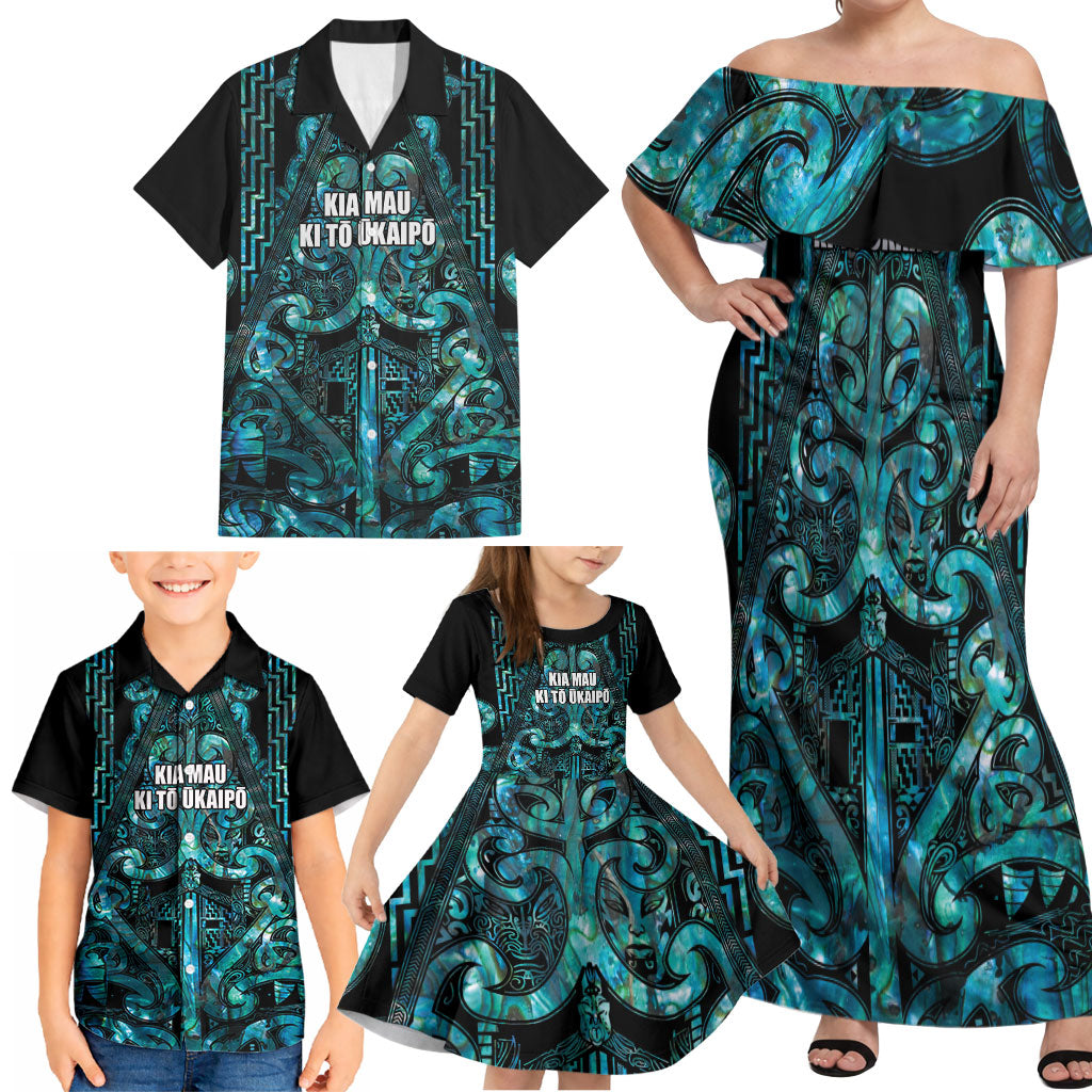 Maori Language Week Personalised Family Matching Off Shoulder Maxi Dress and Hawaiian Shirt Kia Mau Ki To Ukaipo Paua Shell Color