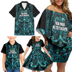 Maori Language Week Personalised Family Matching Off Shoulder Short Dress and Hawaiian Shirt Kia Mau Ki To Ukaipo Paua Shell Color