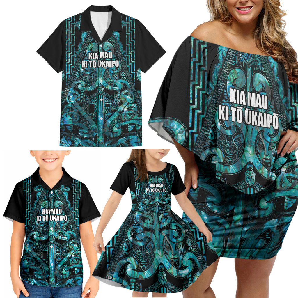 Maori Language Week Personalised Family Matching Off Shoulder Short Dress and Hawaiian Shirt Kia Mau Ki To Ukaipo Paua Shell Color