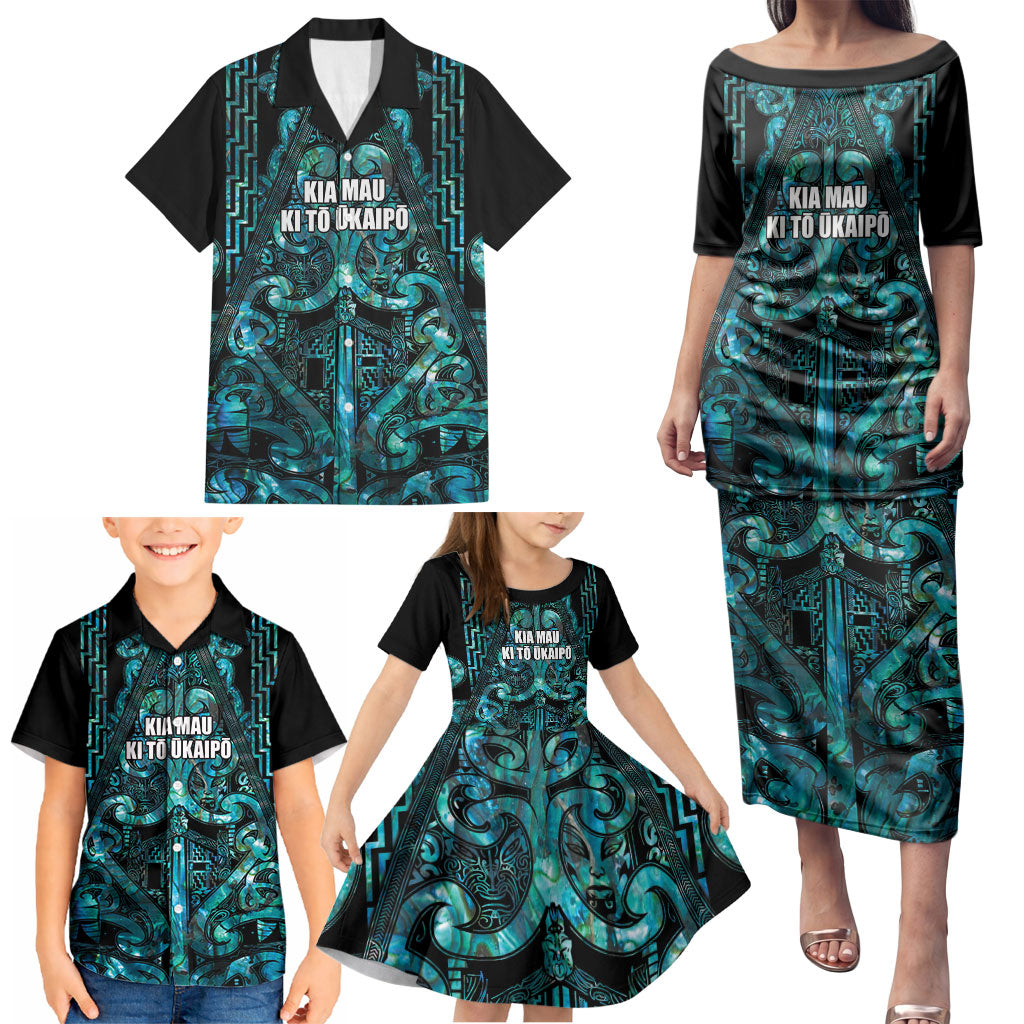 Maori Language Week Personalised Family Matching Puletasi and Hawaiian Shirt Kia Mau Ki To Ukaipo Paua Shell Color