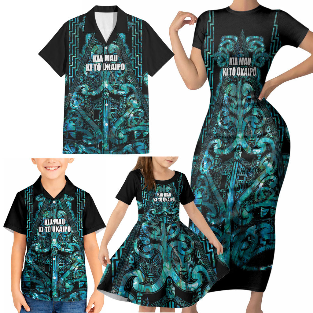 Maori Language Week Personalised Family Matching Short Sleeve Bodycon Dress and Hawaiian Shirt Kia Mau Ki To Ukaipo Paua Shell Color