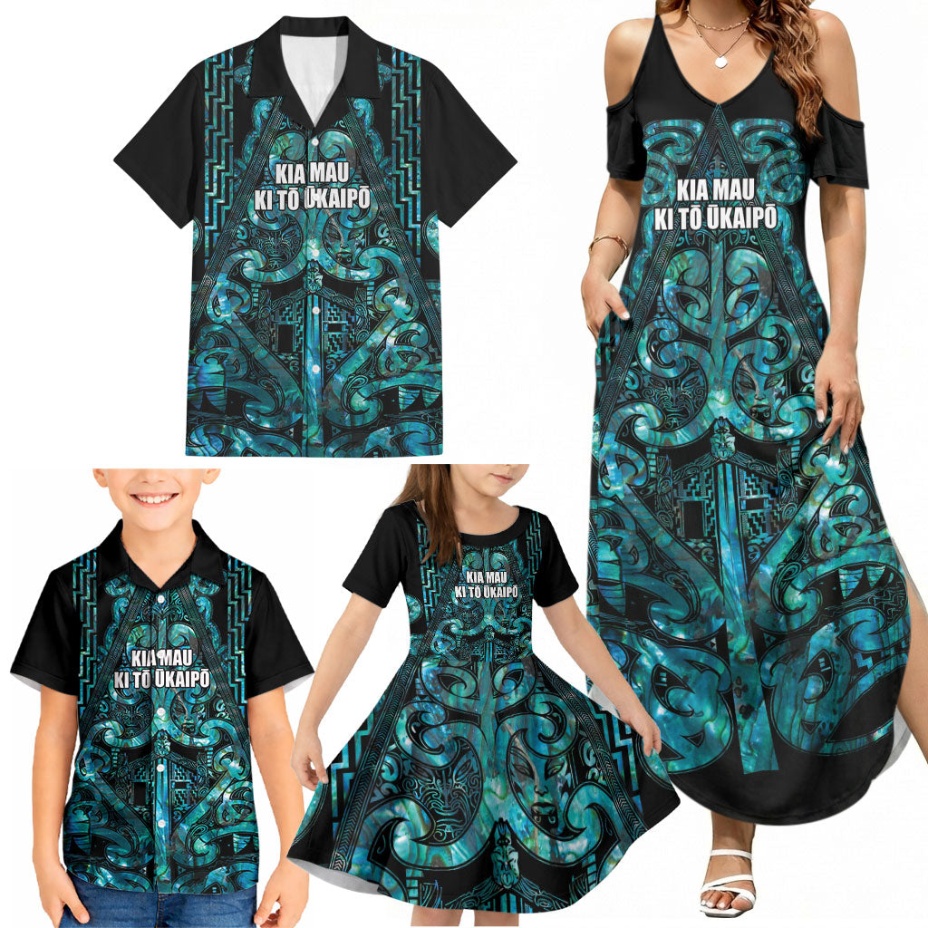 Maori Language Week Personalised Family Matching Summer Maxi Dress and Hawaiian Shirt Kia Mau Ki To Ukaipo Paua Shell Color
