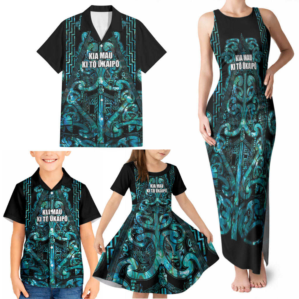 Maori Language Week Personalised Family Matching Tank Maxi Dress and Hawaiian Shirt Kia Mau Ki To Ukaipo Paua Shell Color