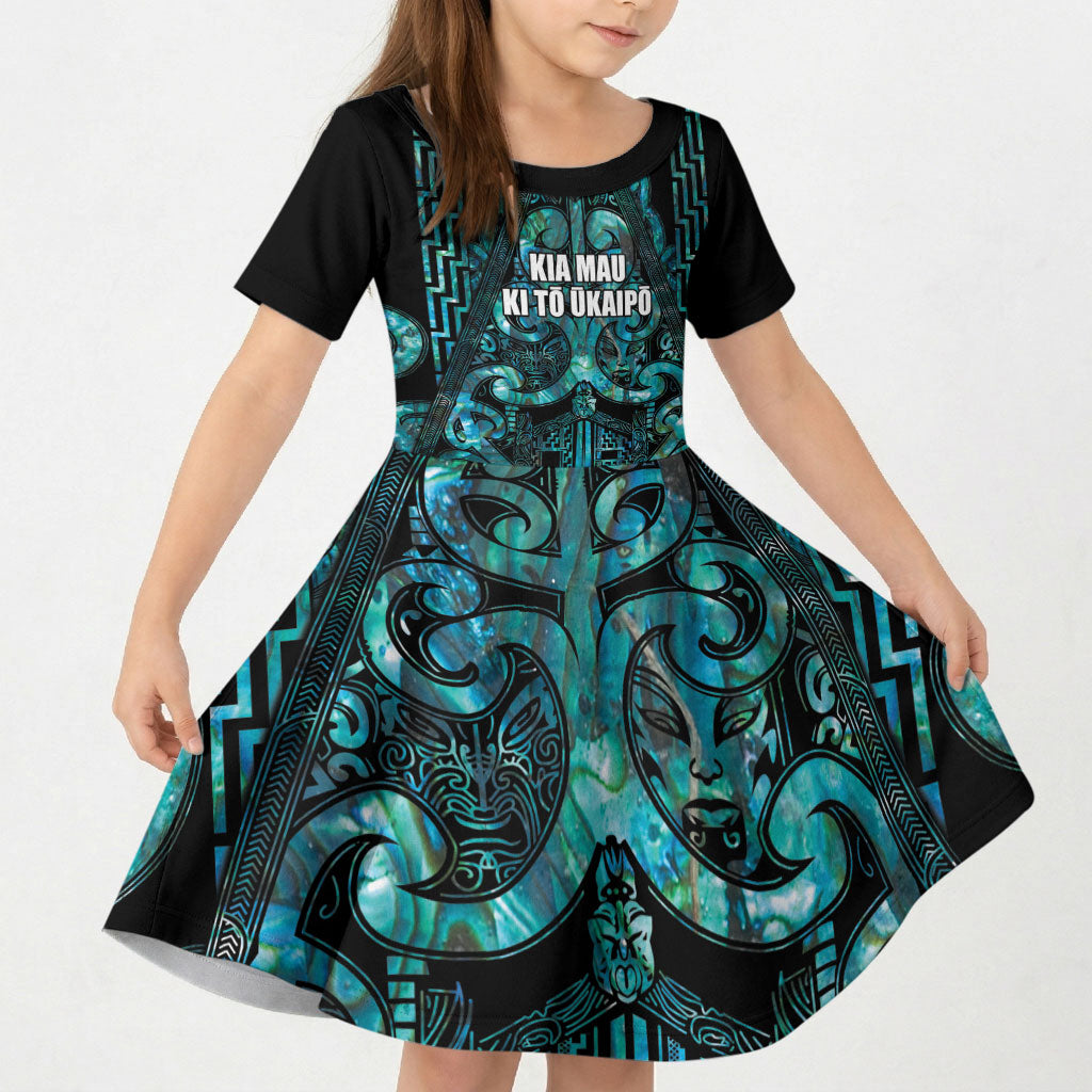 Maori Language Week Personalised Kid Short Sleeve Dress Kia Mau Ki To Ukaipo Paua Shell Color