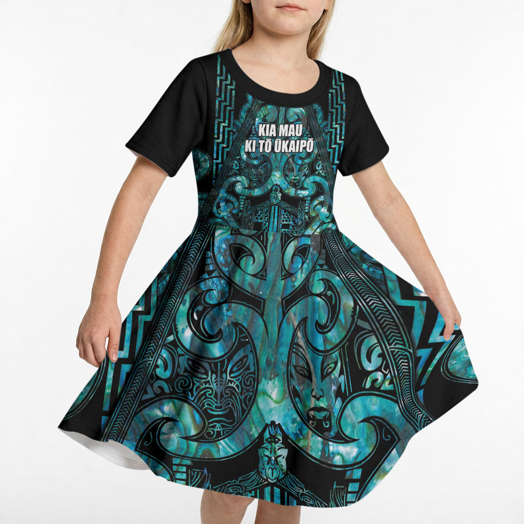 Maori Language Week Personalised Kid Short Sleeve Dress Kia Mau Ki To Ukaipo Paua Shell Color