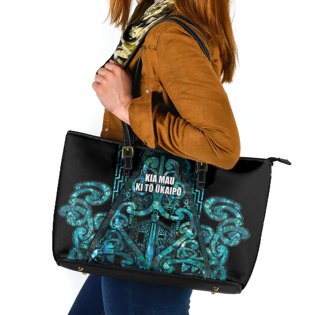 Maori Language Week Leather Tote Bag Kia Mau Ki To Ukaipo Paua Shell Color
