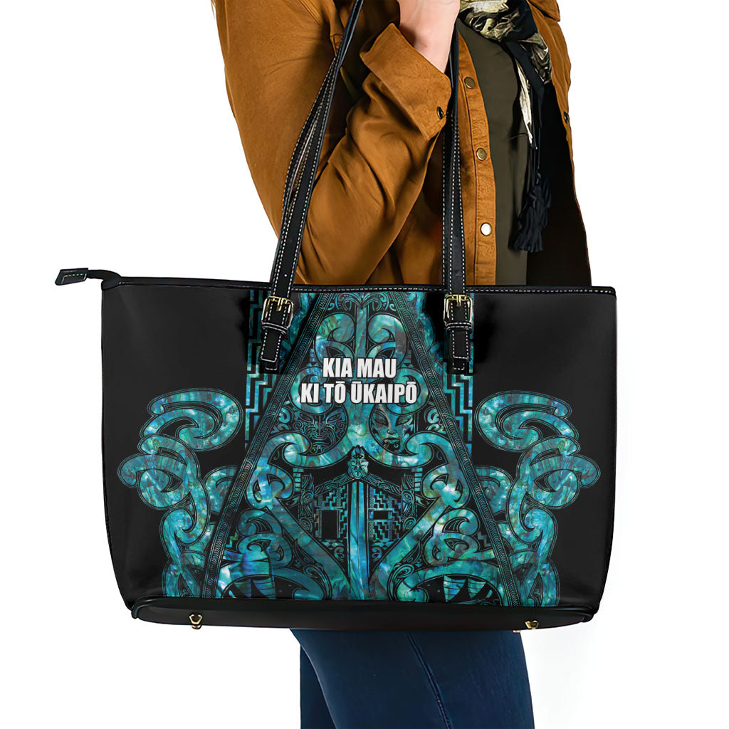 Maori Language Week Leather Tote Bag Kia Mau Ki To Ukaipo Paua Shell Color