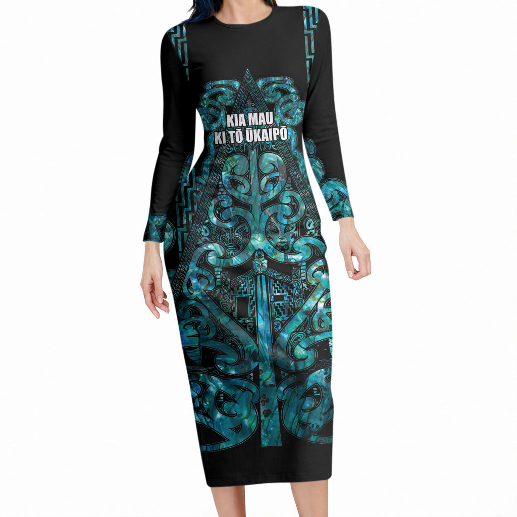 Maori Language Week Personalised Long Sleeve Bodycon Dress Kia Mau Ki To Ukaipo Paua Shell Color
