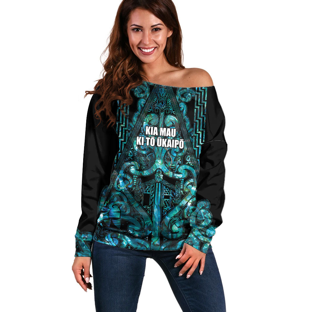Maori Language Week Personalised Off Shoulder Sweater Kia Mau Ki To Ukaipo Paua Shell Color