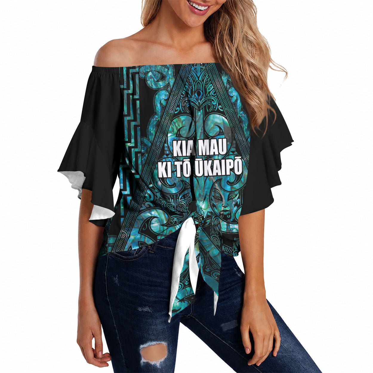 Maori Language Week Personalised Off Shoulder Wrap Waist Top Kia Mau Ki To Ukaipo Paua Shell Color