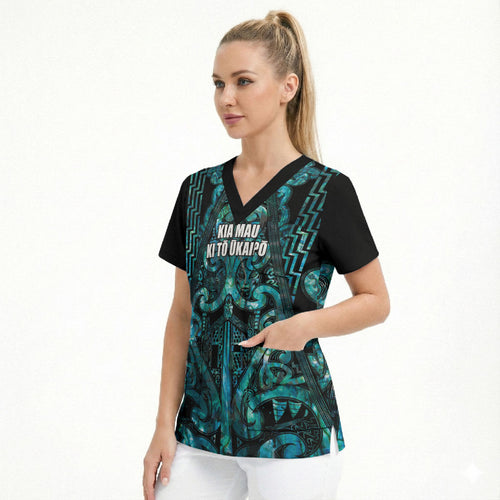 Maori Language Week Personalised Scrub Top Kia Mau Ki To Ukaipo Paua Shell Color