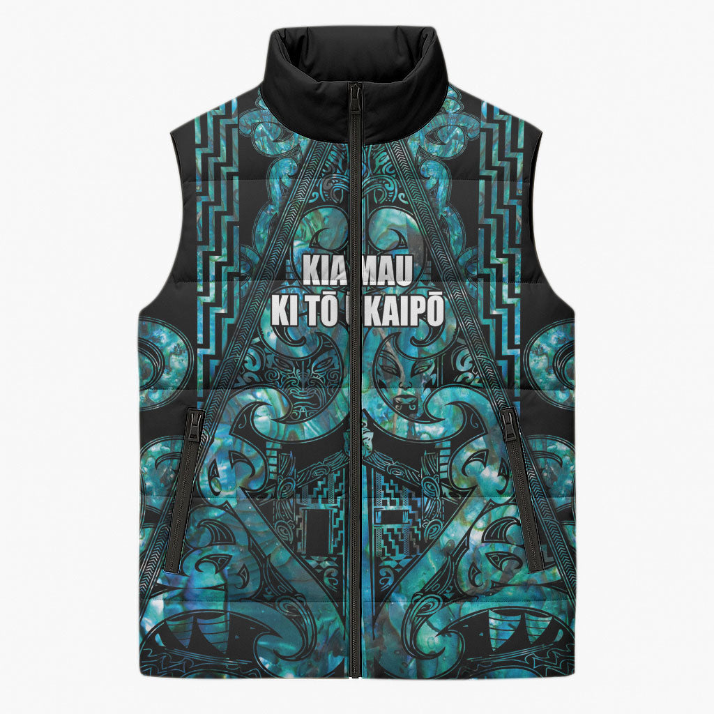 Maori Language Week Personalised Sleeveless Puffer Jacket Kia Mau Ki To Ukaipo Paua Shell Color