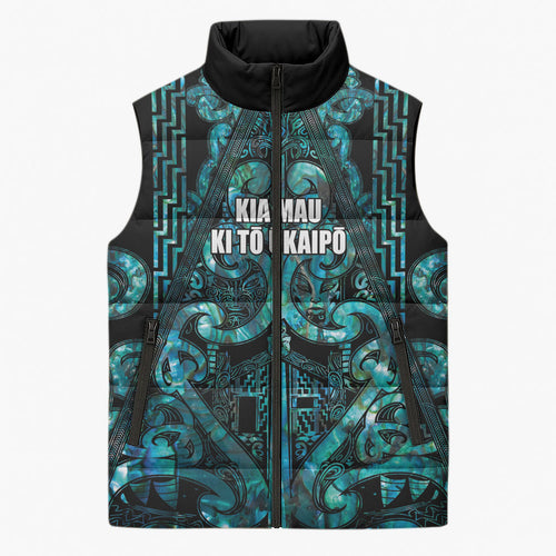 Maori Language Week Personalised Sleeveless Puffer Jacket Kia Mau Ki To Ukaipo Paua Shell Color